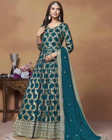 Prussian Blue Dola Jacquard Embroidered Anarkali Suit