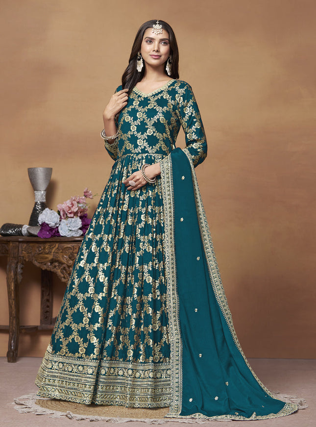 Prussian Blue Dola Jacquard Embroidered Anarkali Suit
