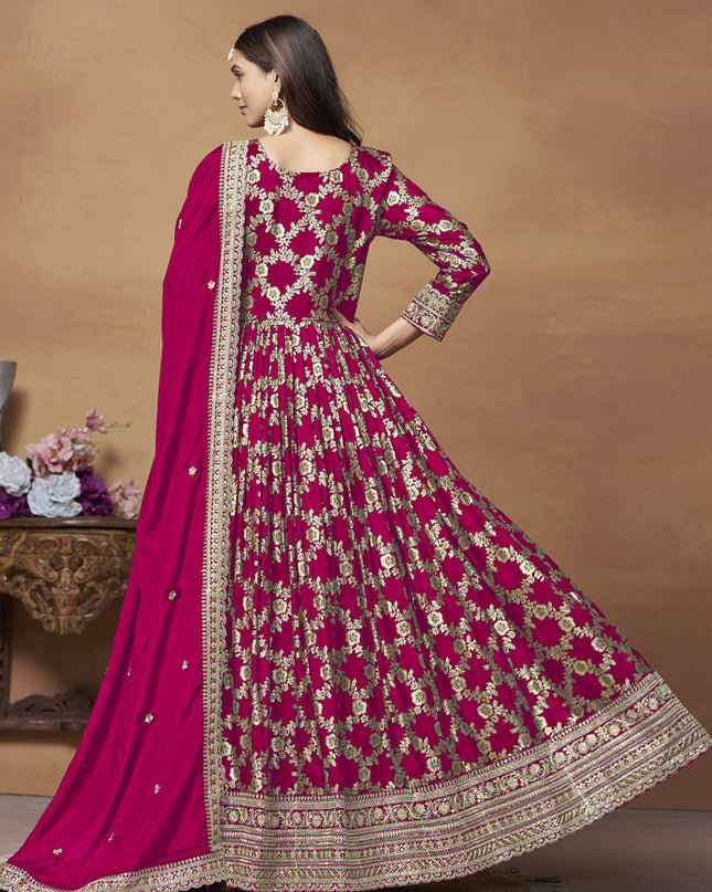 Raspberry Pink Dola Jacquard Embroidered Anarkali Suit