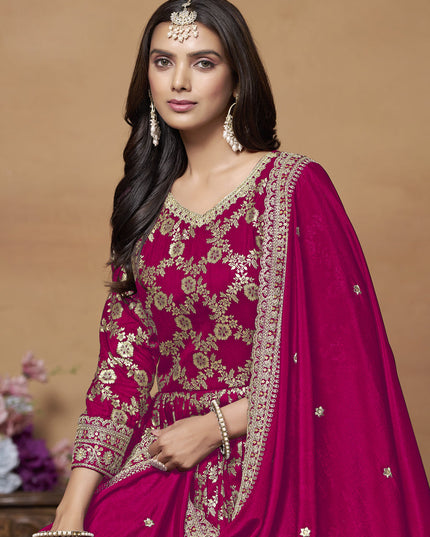 Raspberry Pink Dola Jacquard Embroidered Anarkali Suit