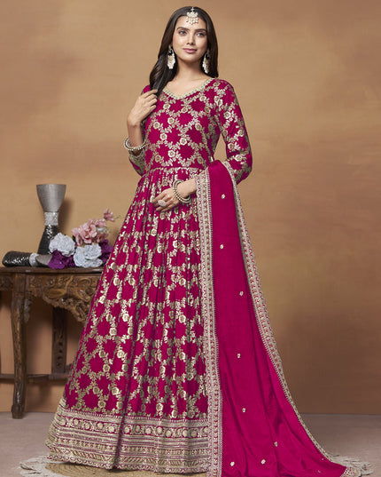 Raspberry Pink Dola Jacquard Embroidered Anarkali Suit