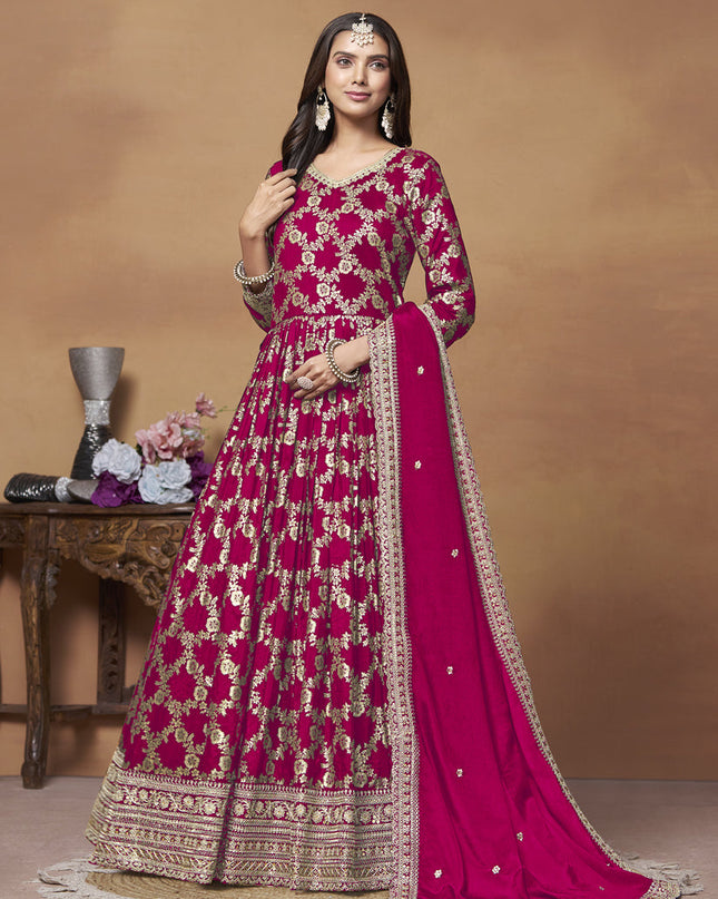 Raspberry Pink Dola Jacquard Embroidered Anarkali Suit