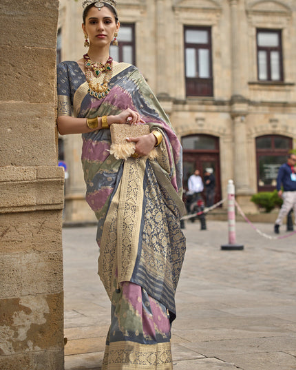 Grey Silk Printed Saree