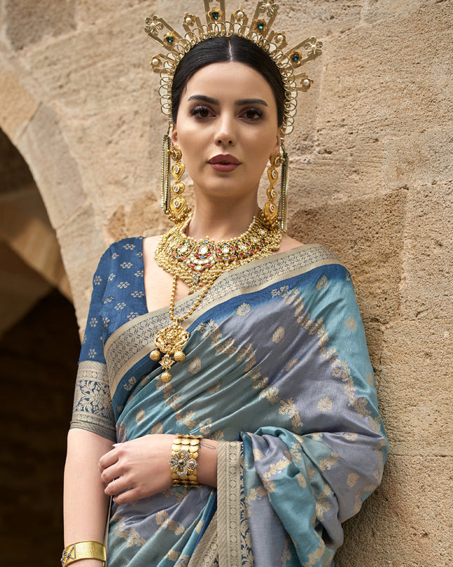 Sky Blue Silk Printed Saree