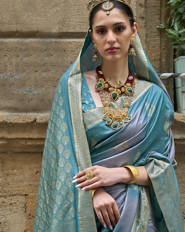 Sky Blue Silk Printed Saree