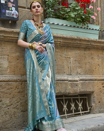 Sky Blue Silk Printed Saree