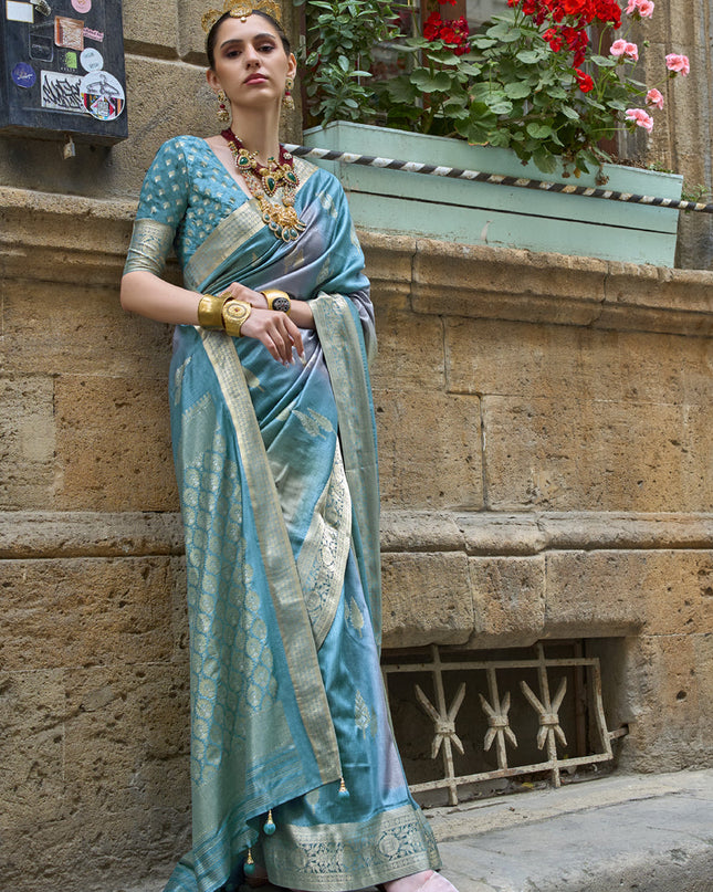 Sky Blue Silk Printed Saree