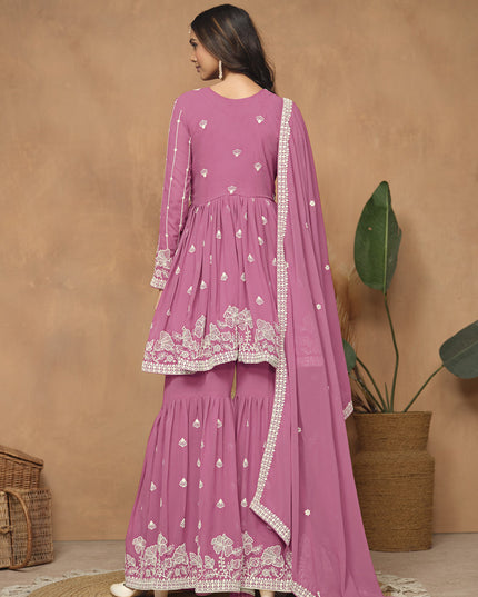 Flamingo Pink Faux Georgette Embroidered Sharara Kameez