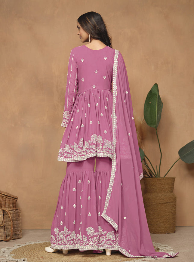 Flamingo Pink Faux Georgette Embroidered Sharara Kameez