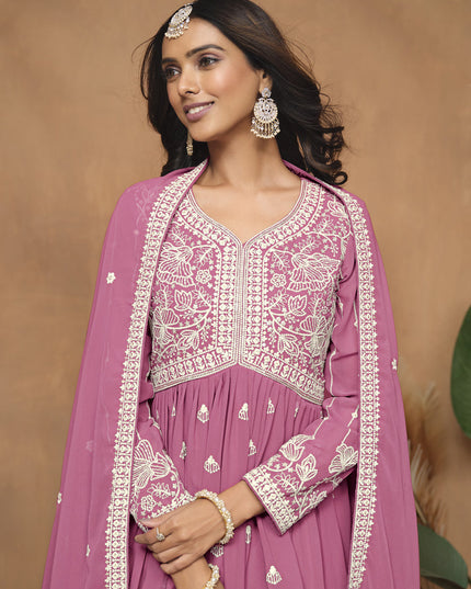 Flamingo Pink Faux Georgette Embroidered Sharara Kameez