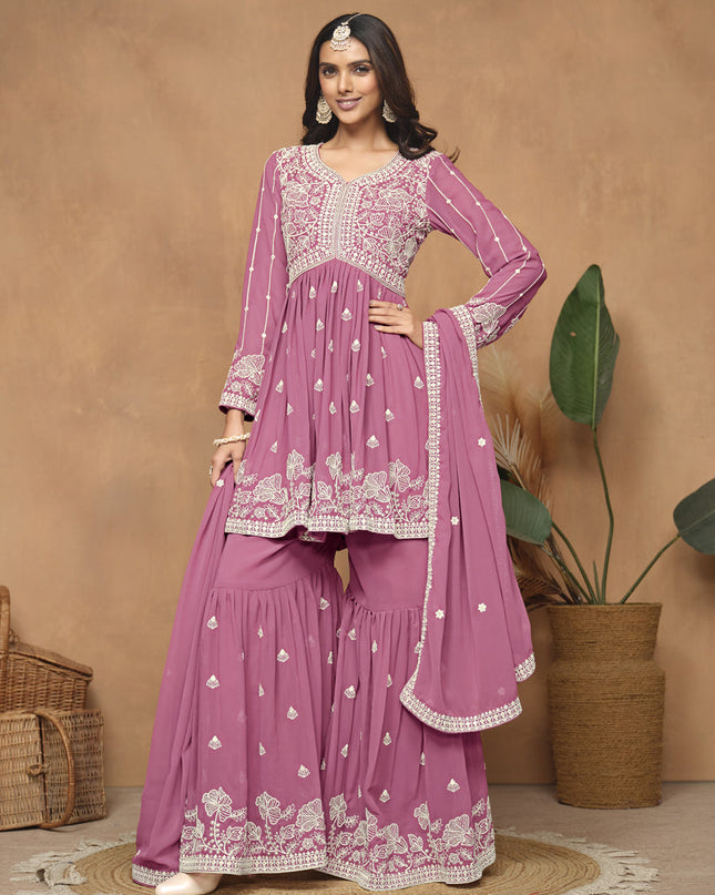 Flamingo Pink Faux Georgette Embroidered Sharara Kameez
