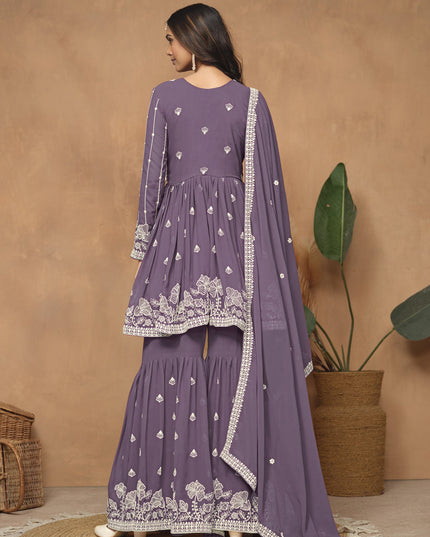 Dusty Purple Faux Georgette Embroidered Sharara Kameez