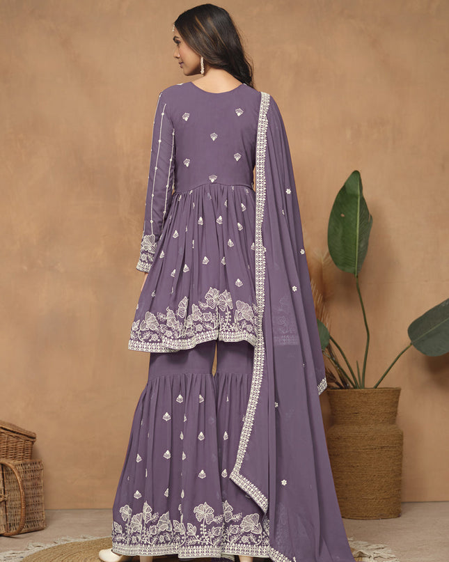 Dusty Purple Faux Georgette Embroidered Sharara Kameez