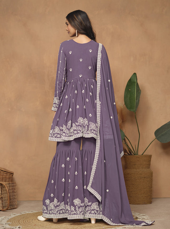 Dusty Purple Faux Georgette Embroidered Sharara Kameez