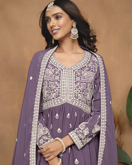 Dusty Purple Faux Georgette Embroidered Sharara Kameez
