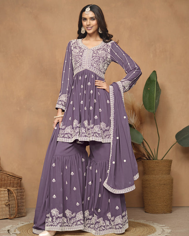 Dusty Purple Faux Georgette Embroidered Sharara Kameez