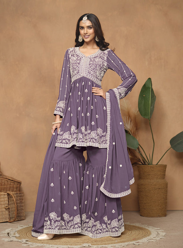 Dusty Purple Faux Georgette Embroidered Sharara Kameez