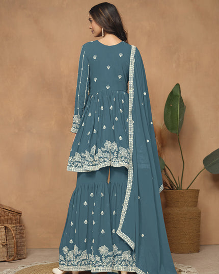 Teal Blue Faux Georgette Embroidered Sharara Kameez