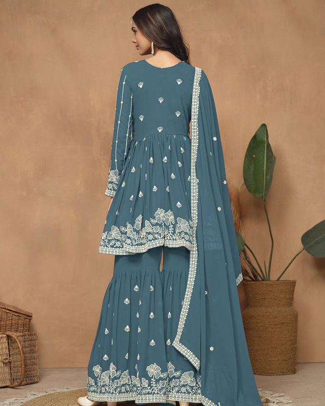 Teal Blue Faux Georgette Embroidered Sharara Kameez