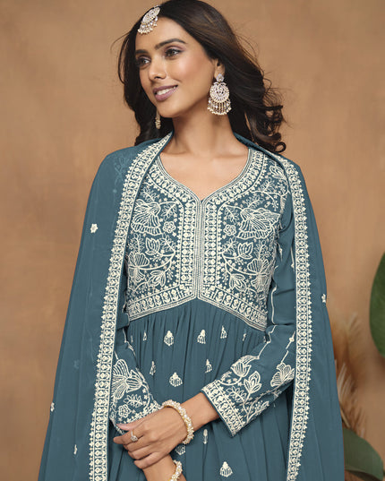 Teal Blue Faux Georgette Embroidered Sharara Kameez