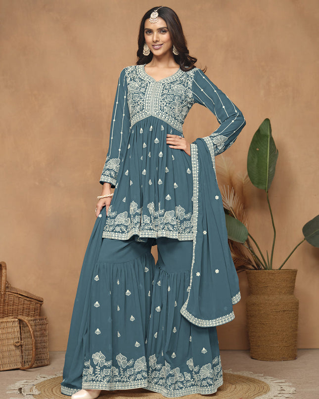 Teal Blue Faux Georgette Embroidered Sharara Kameez