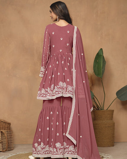 Dusty Salmon Pink Faux Georgette Embroidered Sharara Kameez