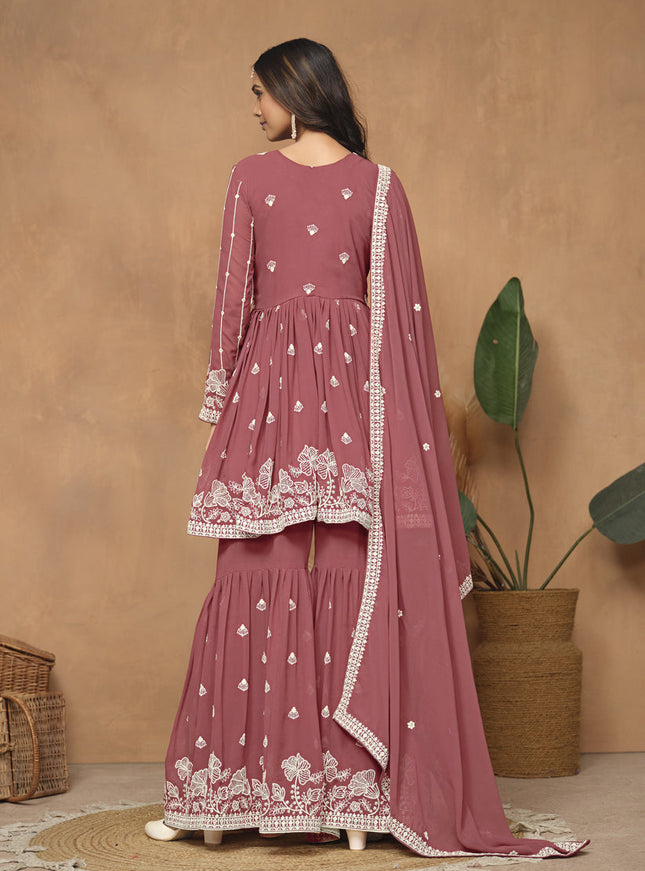 Dusty Salmon Pink Faux Georgette Embroidered Sharara Kameez
