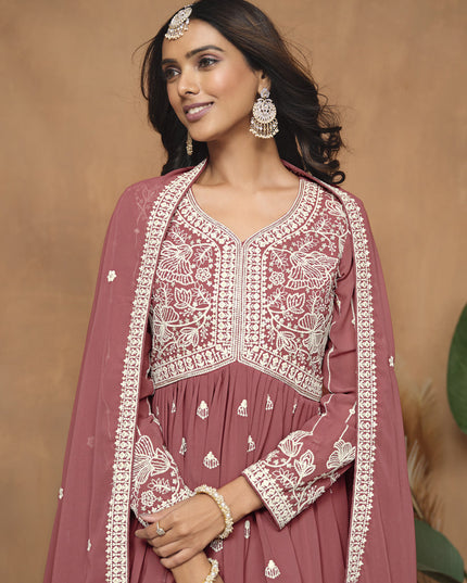 Dusty Salmon Pink Faux Georgette Embroidered Sharara Kameez
