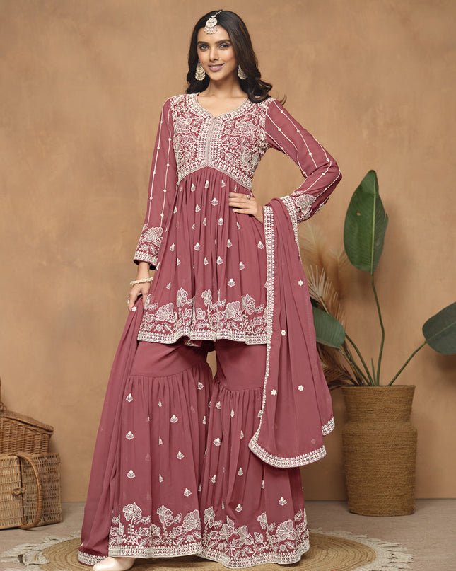 Dusty Salmon Pink Faux Georgette Embroidered Sharara Kameez