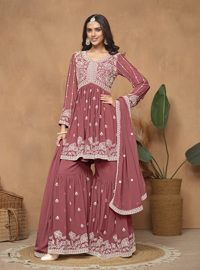 Dusty Salmon Pink Faux Georgette Embroidered Sharara Kameez