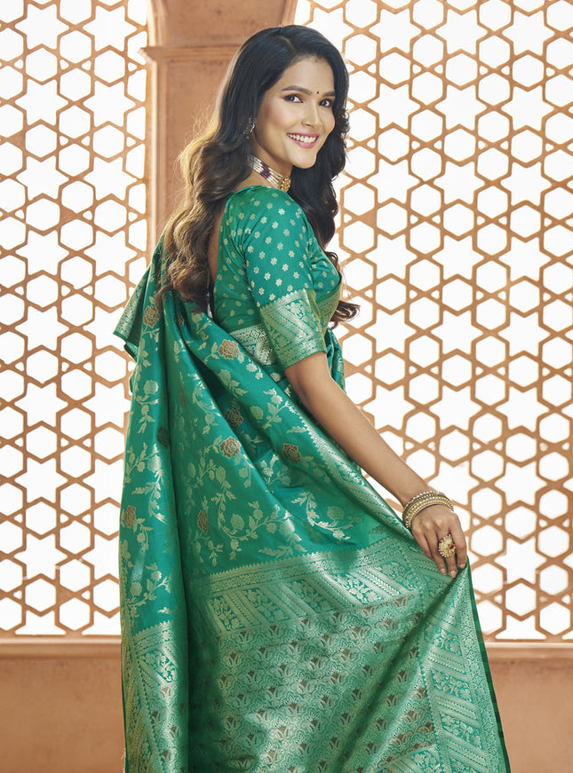 Rama Green Pure Banarasi Silk Zari Woven Saree
