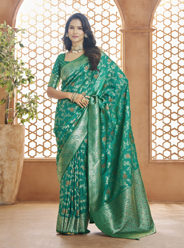 Rama Green Pure Banarasi Silk Zari Woven Saree