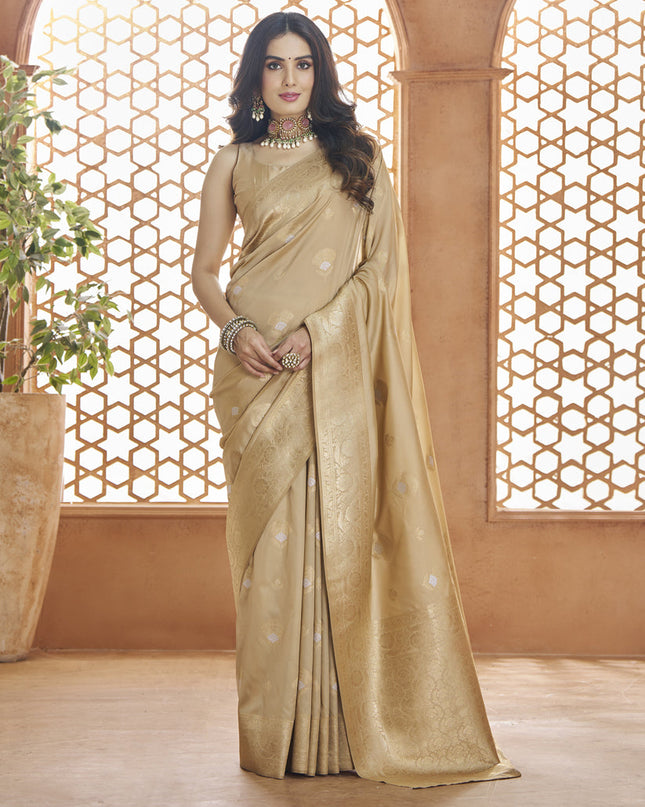 Beige Pure Banarasi Silk Zari Woven Saree