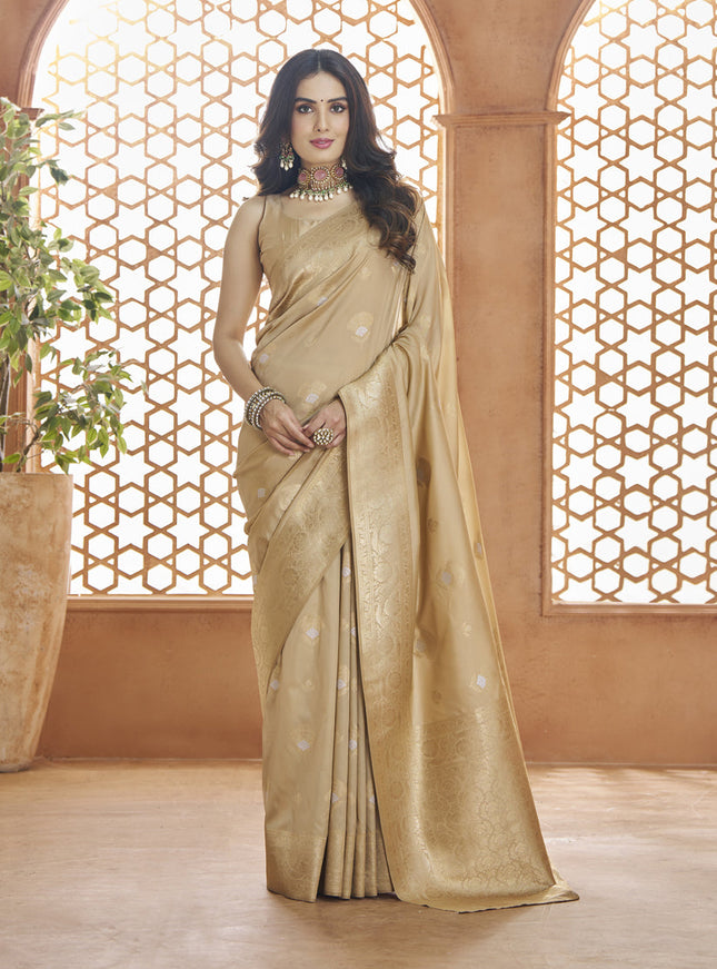 Beige Pure Banarasi Silk Zari Woven Saree