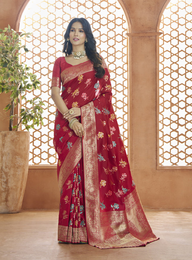 Scarlet Red Pure Banarasi Silk Zari Woven Saree