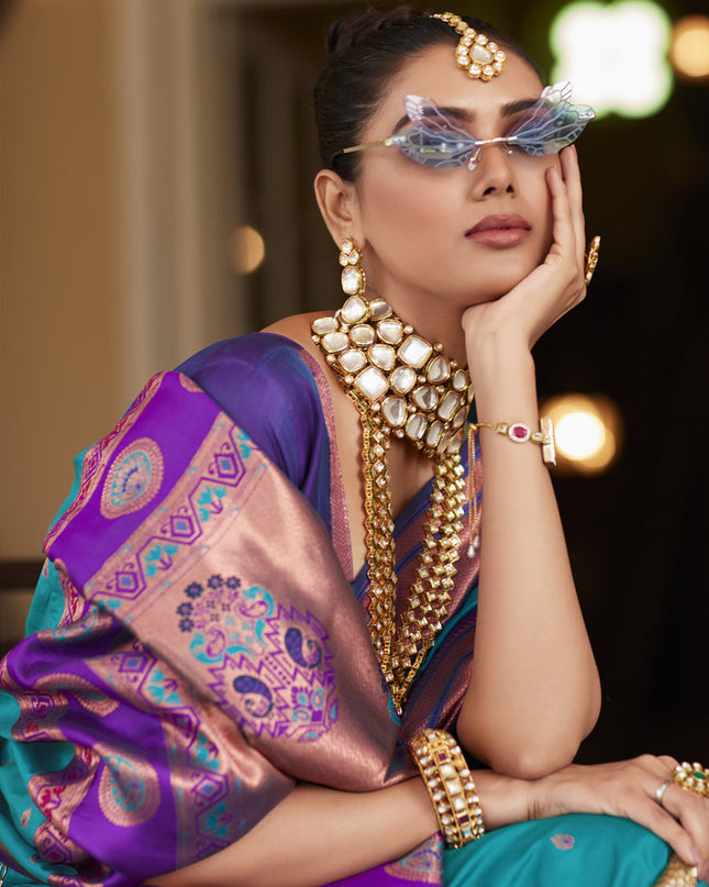 Firozi Peshwai Paithani Silk Woven Saree