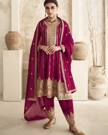 Rani Pink Silk Embroidered Trouser Kameez