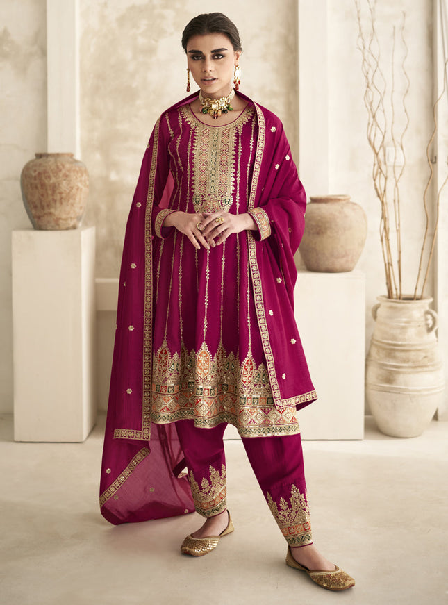 Rani Pink Silk Embroidered Trouser Kameez