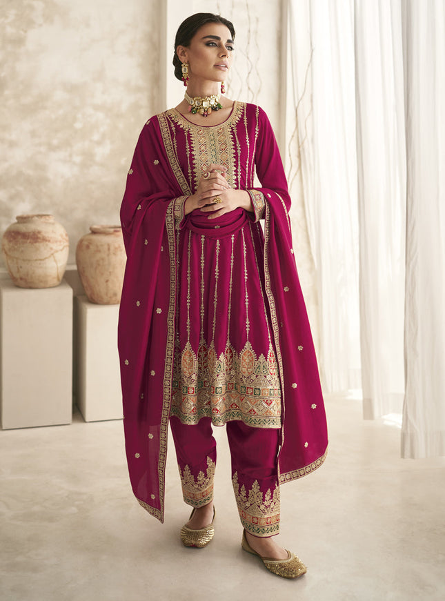 Rani Pink Silk Embroidered Trouser Kameez