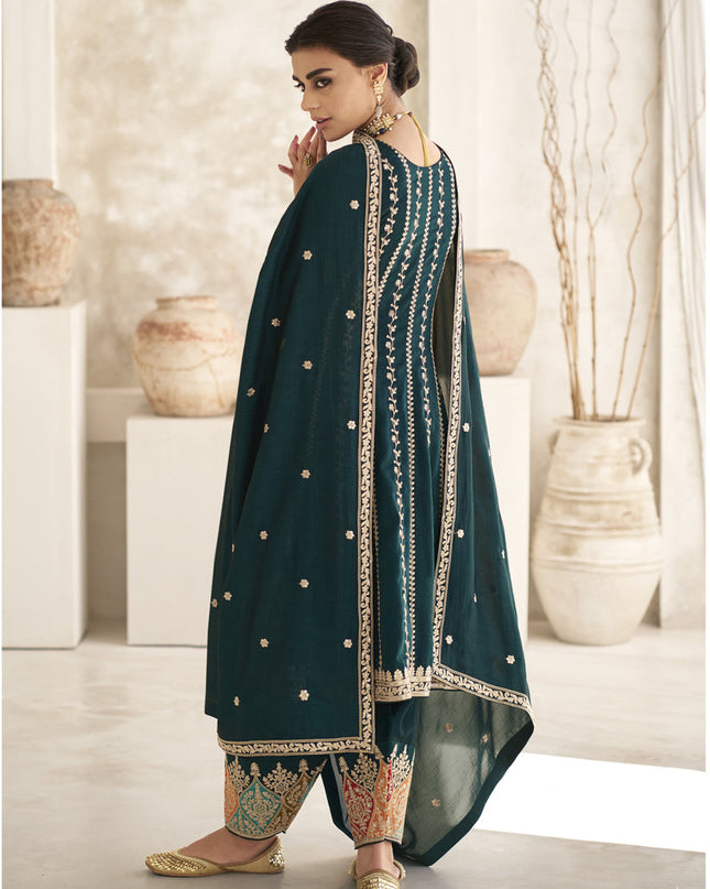 Peacock Blue Silk Embroidered Trouser Kameez
