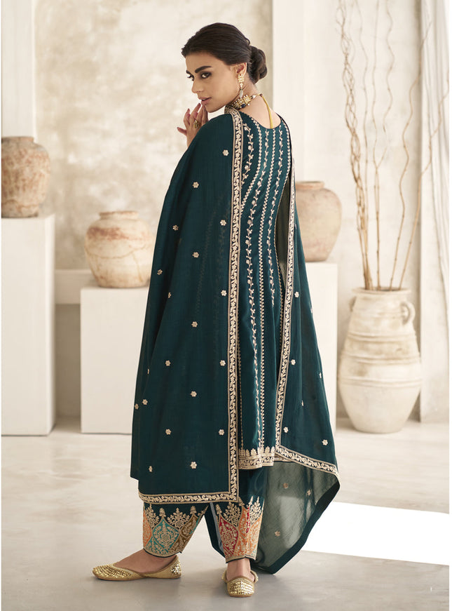 Peacock Blue Silk Embroidered Trouser Kameez