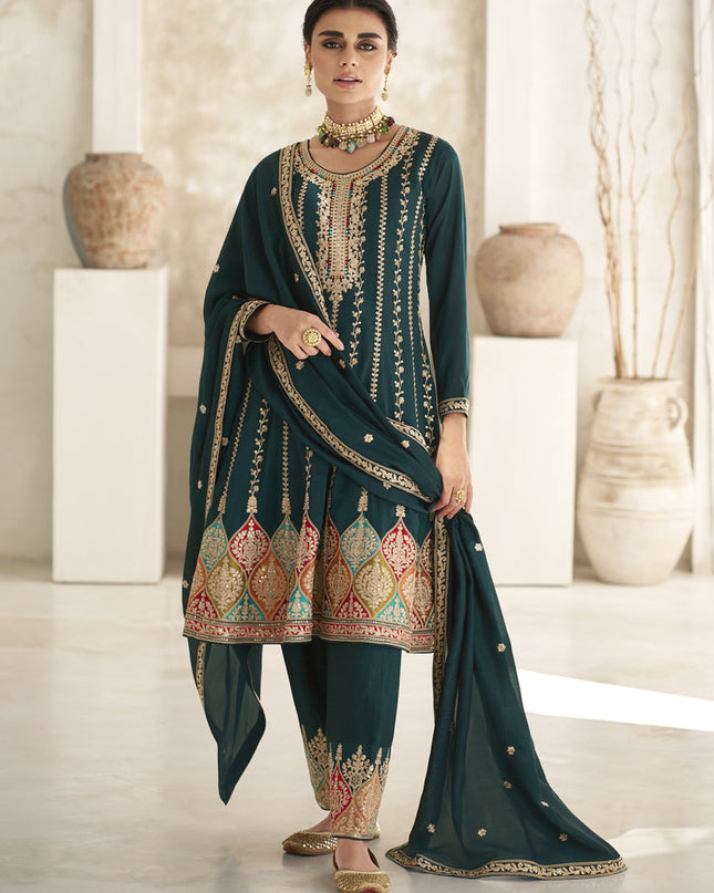 Peacock Blue Silk Embroidered Trouser Kameez