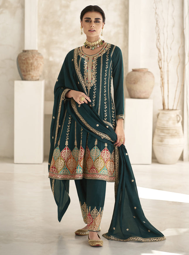 Peacock Blue Silk Embroidered Trouser Kameez
