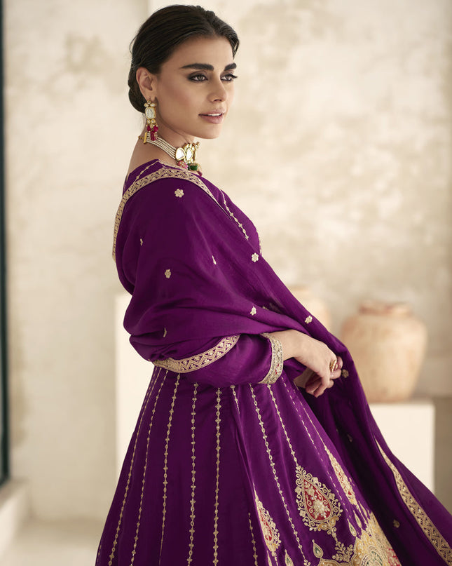Magenta Silk Embroidered Trouser Kameez