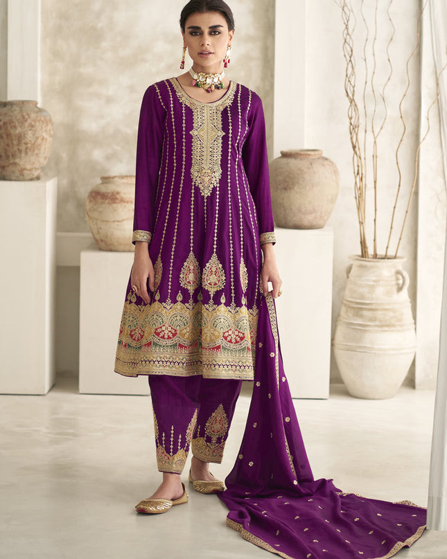 Magenta Silk Embroidered Trouser Kameez