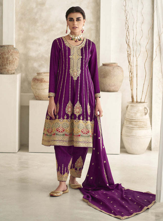 Magenta Silk Embroidered Trouser Kameez