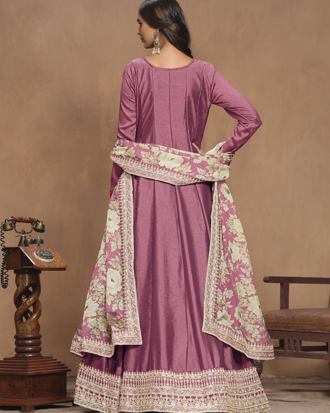 Onion Pink Art Silk Embroidered Anarkali with Dupatta
