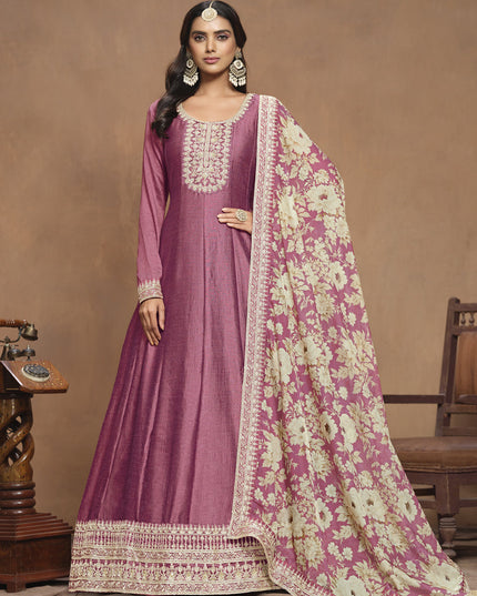 Onion Pink Art Silk Embroidered Anarkali with Dupatta