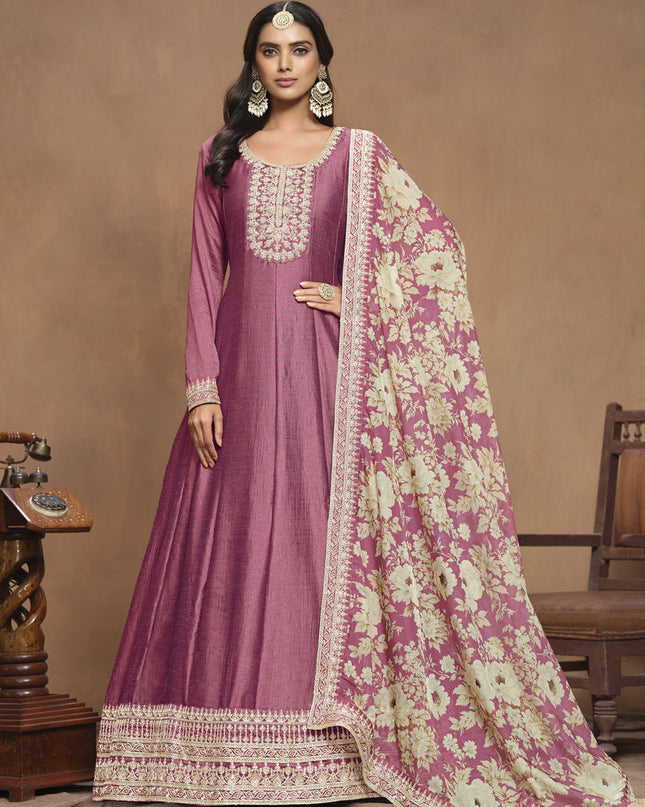 Onion Pink Art Silk Embroidered Anarkali with Dupatta