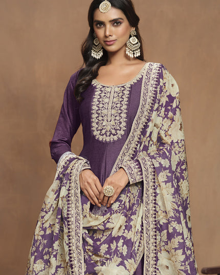 Burgundy Art Silk Embroidered Anarkali with Dupatta